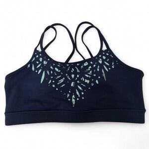 Gaiam Navy Teal Abstract Leaf Print Sports Bra Strappy Back Athletic Yoga, Large